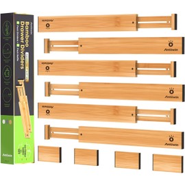 ANTOWIN Bamboo Drawer Dividers, Drawer Separators Splitter,17-22 inches Long Adjustable Spring-loaded Organizer for Large Utensil, Clothes, Tools Drawers, 6 Pack Dividers + 4 Pack Baffle