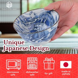 Mino Ware Japanese Rice Bowl, Rice Ramen Noodle Soup Sarada Pasta, Blue Dragon Design Chawn, 2.5 inch 8.8oz, Set of 2