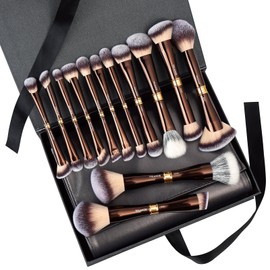 MAANGE Luxury 13 Piece Coffee Gold Makeup Brush Set - Double Ended Professional Brush with Cosmetic Bag & Premium Box | Premium Gift for Her
