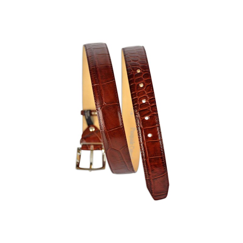 PASQUALE CUTARELLI Mens Crocodile Pattern Italian Leather Belt Burgundy Small