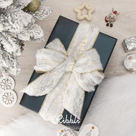 Ribbli White Fluffy Velvet Wired Ribbon with Champagne Gold Foil 2.5 Inch Christmas Ribbon for Gift Wrapping Topper Bow Christmas Tree Decoration Crafts Wreaths Supplies-Continuous 10 Yards