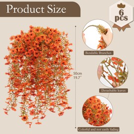 Rowfad 6 Pcs Artificial Hanging Mums Flowers Outdoor, Orange UV Resistant Fake Hanging Fall Plants for Outdoor Planter Patio Front Door Window Autumn Decoration (6, Orange)