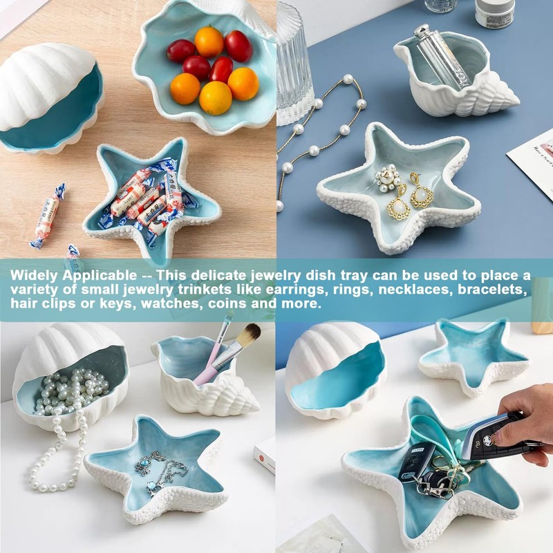 2 Pack Ceramic Jewelry Tray Starfish Conch Shape Aqua Shell