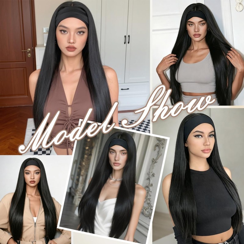 26 IN Straight Headband Wig for Black Women Synthetic Hair