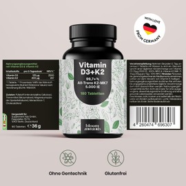 Vitamin D3 K2 5000 IU High Dose - 180 Tablets - Premium 99.7+% All-Trans K2-MK7 - Produced in Germany Laboratory Tested