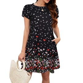 Sun Dresses for Women Casual Beach with Sleeves Summer Floral Sundresses 2024(Multi-Black,Medium)