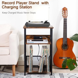 AMHANCIBLE Record Player Stand with Charging Station, Turntable Stand with Storage Cabinet, 3 Tier End Table Hold Up to 100 Albums, Record Stand for Vinyl, Living Room, Rustic Brown, HETCD01BR-1