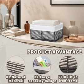 GYASVWU Hand-Woven Paper Rope storage Baskets,Rectangular Wicker Baskets for Organizing,Decorative Woven Basket for Storage,Shelf Baskets for Living Room,Storage baskets for pantry (Black - Large)