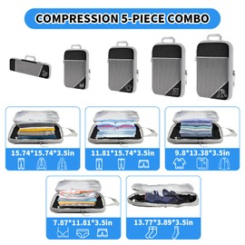 Suitcase Organiser Cubes, Travel Packing Cubes Set, Black Compression Pack Cubes 5 Piece Set, Luggage Organizer Bags, Pack Bags for Suitcases, Backpack, Vacation, Travel