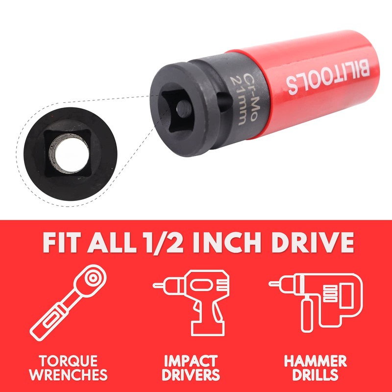 BILITOOLS 1/2 inch Drive Impact Lug Nut Socket Set, 15