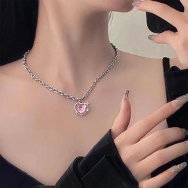 Xmsrn Vintage Pink Crystal Heart Pendant Necklace Rhinestone Heart Necklace Silver Cz Heart Love Choker Necklace Sparkly Crystal Love Heart Choker Necklace Jewelry for Women and Girls