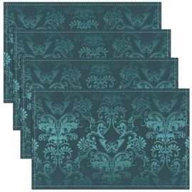 Erosebridal Set of 4 Jacquard Damask Place Mats Turquoise Ombre Floral Table Mats Gothic Baroque Damask Placemats Motifs Vintage Design Waterproof Placemats for Adults Men,12x18 Inch Heat Resisting