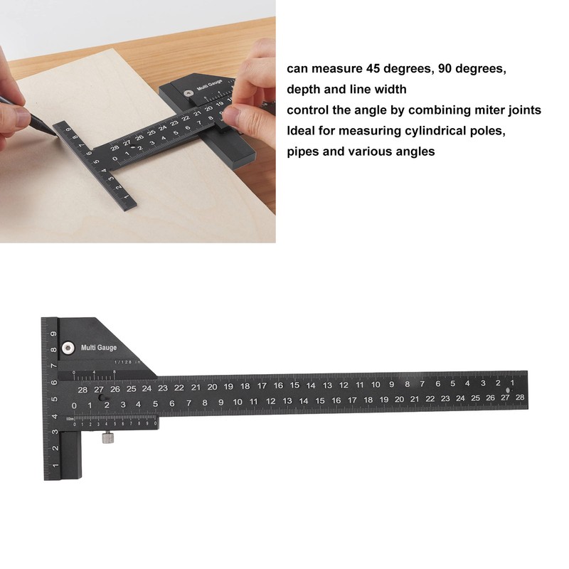 Multifunction Woodworking Ruler Aluminum Alloy T Shaped Black Measuring Marking