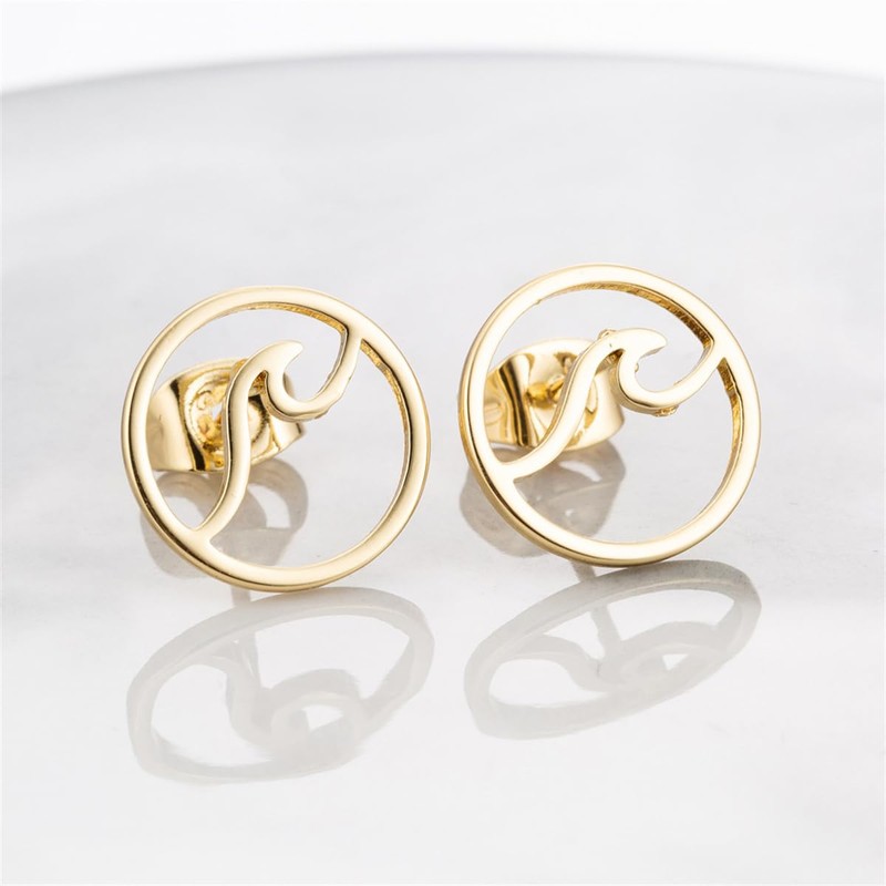 Round Small Sea Wave Stud Earrings for Women (Gold-Toned B)