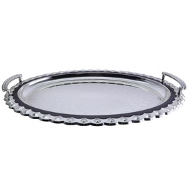 Maro Megastore (Pack of 2) 17.8 inch x 13 inch Oval Chrome Plated Silver Serving Tray Stylish Design Floral Engraved Blue Edge Party Decorative Birthday Gift Dessert Platter Plate NC-105