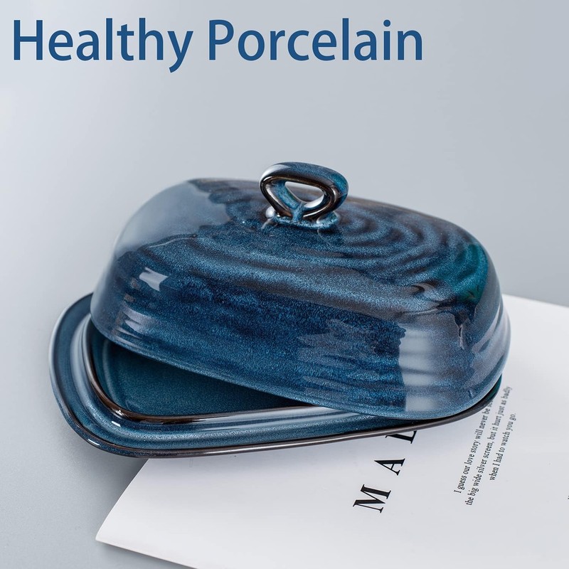 Hasense Butter Dish with Lid, Porcelain Butter Container with Handle