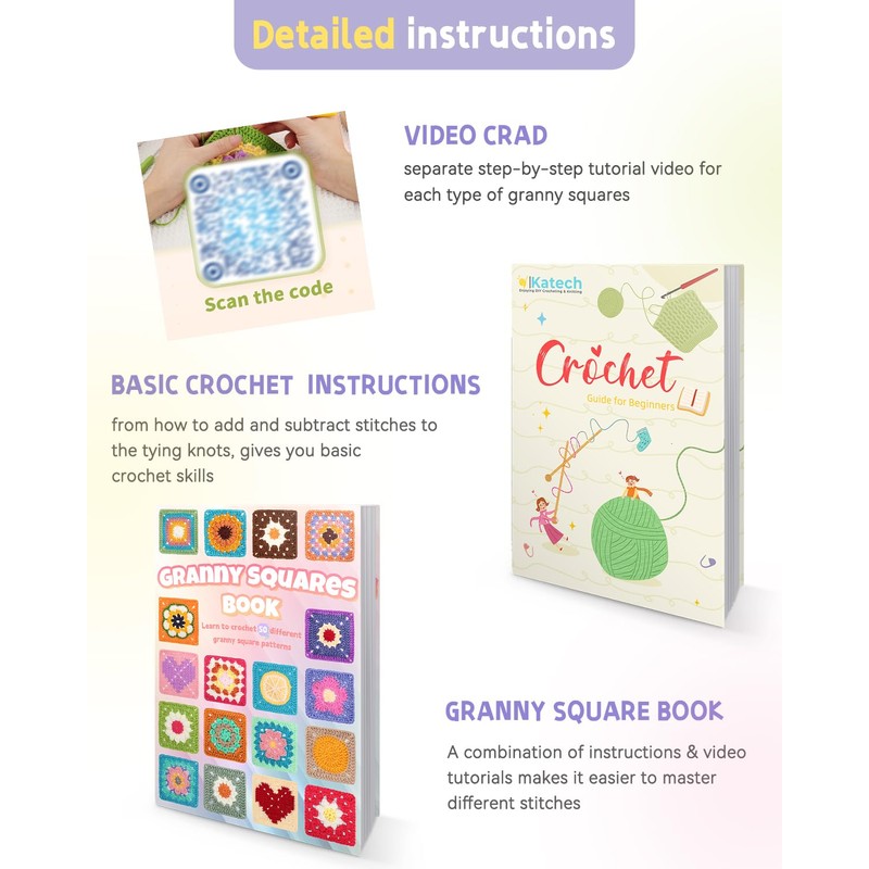 Katech Crochet Kit for Beginners, 50 Granny Squares Crochet Kits