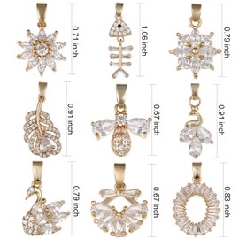 9pcs Cubic Zirconia Pendant, Feather Swan Bee Peacock CZ Crystal Bead Charms for DIY Gemstone Necklace Earrings, Assorted Sparkling Jewelry Making Accessories (Gold Color-2)