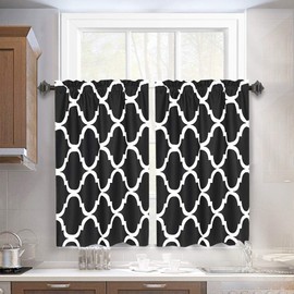 Melodieux Set of 2 Moroccan Fashion Tier Curtains for Kitchen, Geometric Lattice Rod Pocket Curtains for Cafe Bathroom Small Windows, 36 Inch Length, Black