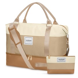 WOOMADA Weekender Bags for Women, Carry On Overnight Bag with Toiletry Bag, Personal Item Travel Duffel with Shoe Compartment(Beige&Khaki)