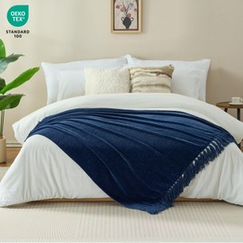 GINAMUSE Chenille Throw Blanket for Couch with Tassels,50"X60" Soft Cozy Lightweight Knitted Boho Decorative Blankets for Bed and Sofa,Navy Blue