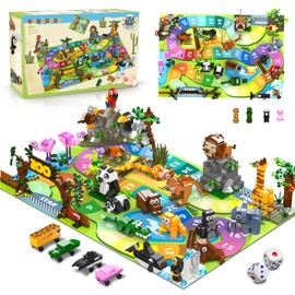 HOGOKIDS 23 Animals Zoo Building Toys Set with Play Mat - 2-in-1 Zoo Scene Board Game with 2 Dice, 4 Animal Cars, 9 Pack Party Favors for Classroom, Birthday Gifts for Kids Boys Girls 6+ Years Old