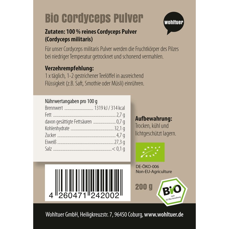 Wohltuer Organic Cordyceps Powder 200g Fair Trade