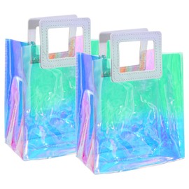 2 Pack Holographic Small Gift Bags Clear Gift Bags with Handles 7.9 * 7.1 * 3.9 Inch With Handles for Women Reusable Tote PVC Handbags Waterproof Gifts Wrap Shopping Bag for Wedding Birthday Party