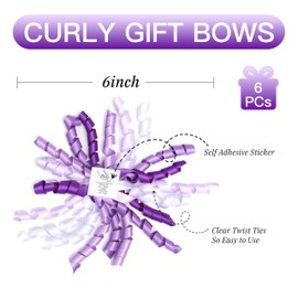 LIZLOVESS 6 Inch Purple Curly Bows for Gift Wrapping Set of 6, Self Adhesive Bows Purple Gift Bows for Presents, Satin Ribbon Bows for Birthday, Wedding, Christmas, Bridal Shower, Gift Wrap Accessory