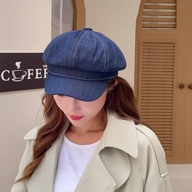 LSYJING Girls' Newsboy hat Chic Stylish Summer Beret 90s Taxi Driver hat Octagonal Shade Flat hat Girl Gift Denim Blue
