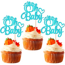 24 piezas de decoración de cupcakes de calabaza Oh para bebé con purpurina de corazón con temática de otoño para baby shower para otoño, Acción de Gracias, baby shower, niños, fiesta de cumpleaños, decoración de pasteles, color azul