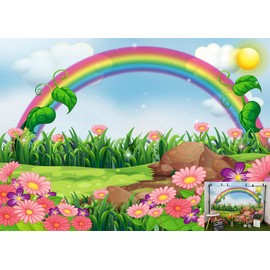 BELECO 7x5ft Fabric Rainbow and Sun Backdrop Enchanting Flowers Garden with Rainbow Cartoon Spring Photography Backdrop for Party Decoration Birthday Kids Boy Girl Baby Shower Photoshoot Photo Props