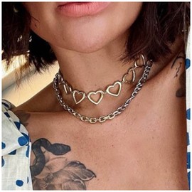 Erimberate Vintage Layered Love Heart Necklace Chain Hollow Heart Choker Necklace Silver Paperclip Chain Necklace Retro Thick Chain Necklace Jewelry for Women and Girls