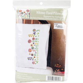Tobin Stamped Pillowcases, Floral Whimsy, 20" x 30" Embroidery Kit, white with multicolor