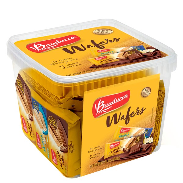 Bauducco Mini Wafer Cookies - Enriched with Chocolate & Vanilla - Delicious & Crispy Wafers - 3 Creamy Layers - Great for Snacks & Dessert - Single Serve - No Artificial Flavors, 31 oz (Pack of 22)