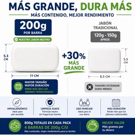 Jabón Neutro de Tocador Pack de 4 Piezas 200g c/u, Hipoalergénico para Piel Sensible, Uso Diario