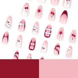 3D Cherry Bow Pearl Press on Nails Short Almond Fake Nails White Bow Rhinestones Glossy Full Cover Artificial Nails Acrylic Nails White Pearls Glue on False Nails for Women Girls Art Decoration 24pcs