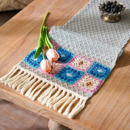 SUTAVIA Natural Cotton Lace Table Runner Black Floral Embroidery Beige Macrame Tassel Boho Table Runners Farmhouse Decor for Home Dining Table Holiday Party (Grey Blue, 12"x84")