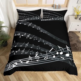 Musical Note Bedding Set Staff Pattern Comforter Cover for Kids Adult Classic Music Themed Duvet Cover Black and White Bedspread Cover Room Decor 3Pcs with 2 Pillowcase Full Size (No Comforter)