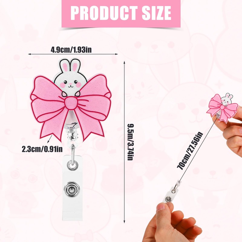 Pink Bow ID Card Holder, Pink, Cute Retractable Badge Holder