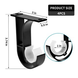 4 Pack Curtain Rod Brackets, Heavy Duty Curtain Rod Holder Ceiling Mount Curtain Rod Hooks with Matching Screws, Aluminum Alloy Closet Rod Holder with Plastic Buckle Fit Up to 1-1/4 Inch Rod, Black