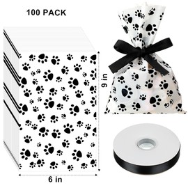 100 Pieces Money Treat Bags Sign Party Favor Candy Cellophane Bag Loot Bags for Party Sign Sacks with 22 Yards Ribbon for Toy Party Favor Theme Supplies, 6 x 9 Inch(Paw Print Style)