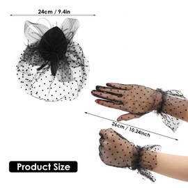 Vintage Fascinator Hat Women's Feather Mesh Face Veil Hat Tea Party Headwear with Hair Clip and Black Short Floral Lace Gloves for Women