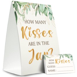 Guess How Many Kisses Are in the Jar Game (1 Standing Sign + 50 Guessing Cards),Greenery Golden,Bridal Shower Sign,Baby Shower Sign - XH18