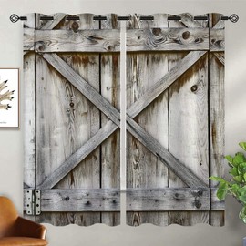 Barn Door Blackout Curtains – Rustic Wood Farmhouse Country Style Window Drapes with Grommets, Western Decorative Darkening Curtains for Bedroom, Kitchen, Living Room, 63 x 63 Inch