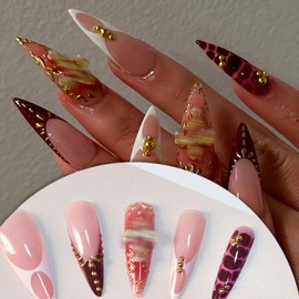 Extra Long Stiletto Press on Burgundy French Tip Fake Nails with Design 3D Drip Gel Glue on False Nails Pearl Charm Wine Red Acrylic Nails Artificial Full Cover Nail Art Stick for Women 24 Pcs