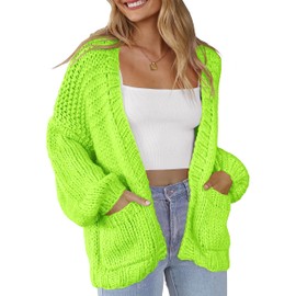 Women 2024 Cardigans Lightweight Casual Knit Long Sleeve Soft Pocketed Comfortable Cardigan Sweaters Neon Green