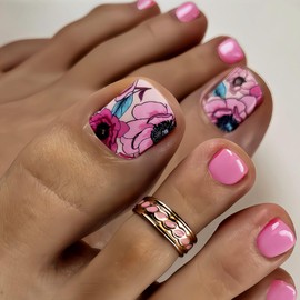 24Pcs Pink Roses Press on Toenails Flower Fake Toe Nails Short Square Shaped Glossy Summer Floral Full Cover Acrylic Artificial Stick on Toenails for Women Girls Manicure Decoration