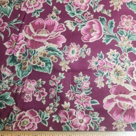 Gold Red Pink Green Flowers On Red  Fabric 44"W By The Yard