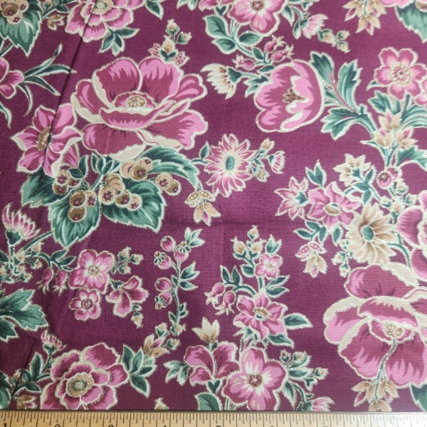 Gold Red Pink Green Flowers On Red Fabric 44"W By